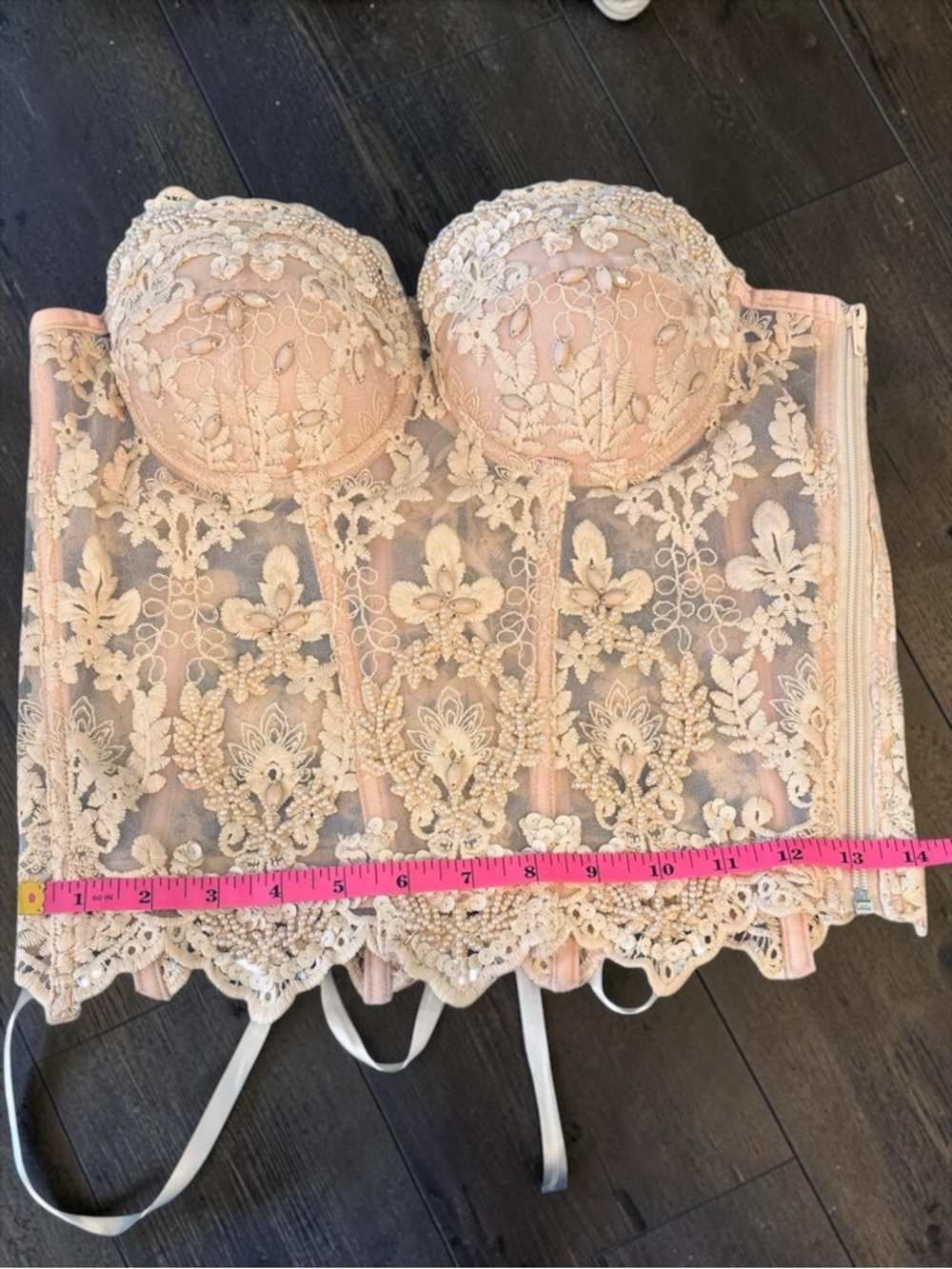 Lydia Champagne Beaded Lace Corset Bustier Sheer Mesh Sequin Strapless Small - Picture 11 of 13